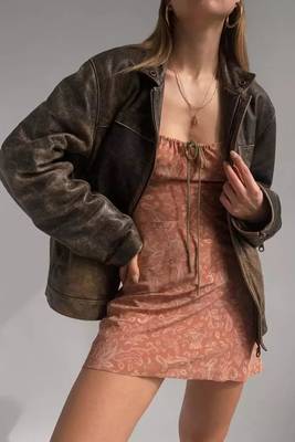 Women’s brown rub off bomber lambskin leather jacket 3