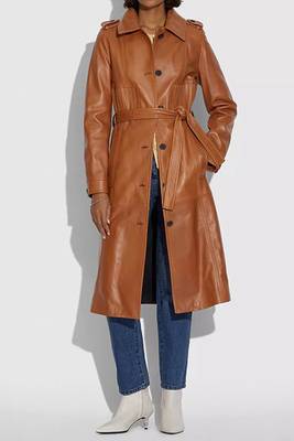 Women’s brown full-length tailored trench style belted leather coat 1