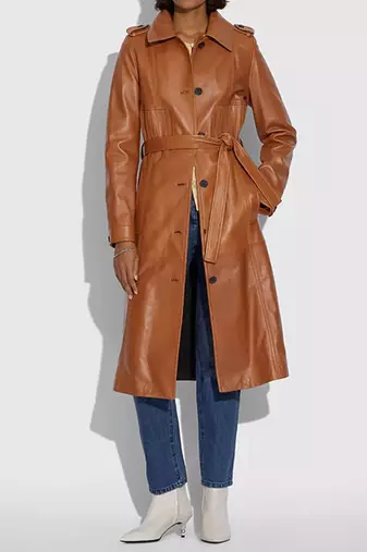 Women’s brown full-length tailored trench style belted leather coat