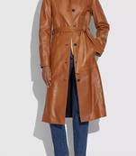 Women’s brown full-length tailored trench style belted leather coat