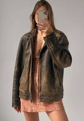 Women’s brown rub off bomber lambskin leather jacket 4