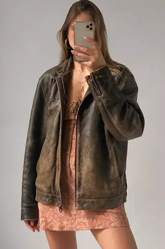 Women’s brown rub off bomber lambskin leather jacket
