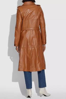 Women’s brown full-length tailored trench style belted leather coat 2