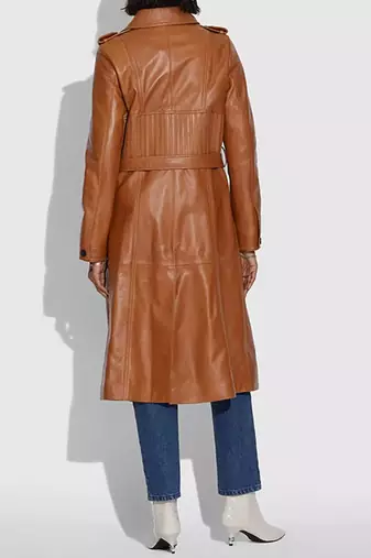 Women’s brown full-length tailored trench style belted leather coat