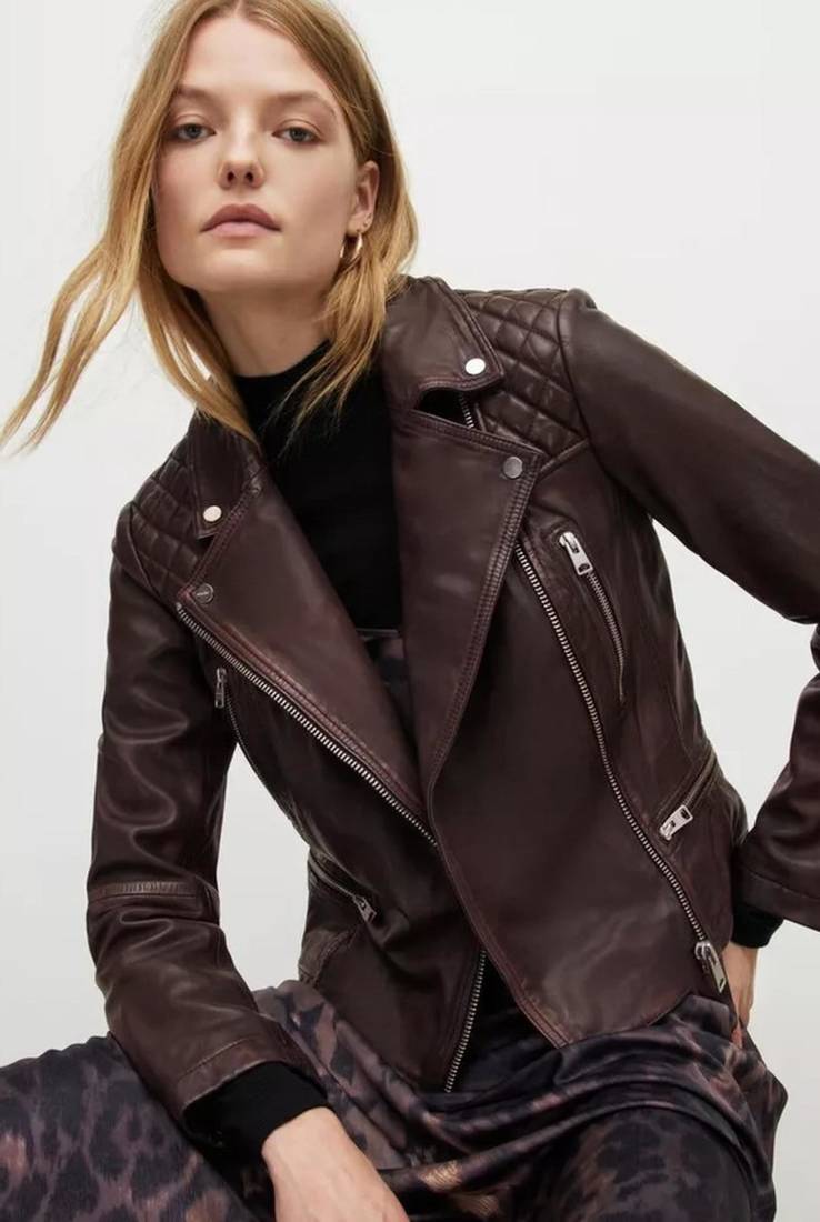 Women’s brown quilted lambskin leather jacket- multiple zipper & stylish look