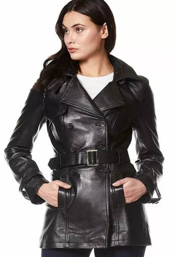 Women’s black full-length tailored trench style belted leather coat