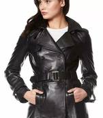 Women’s black full-length tailored trench style belted leather coat