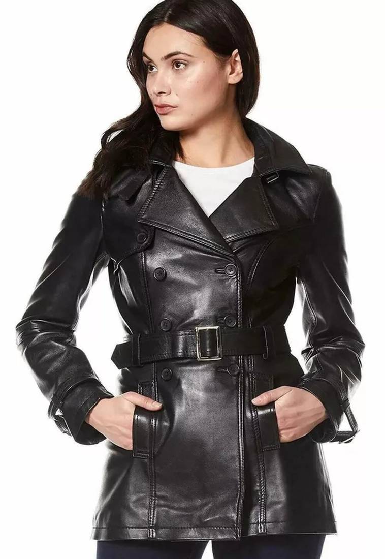 Women’s black full-length tailored trench style belted leather coat