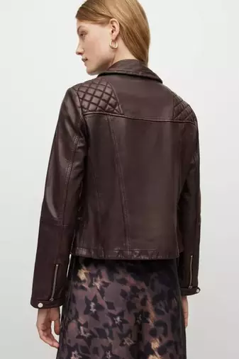 Women’s brown quilted lambskin leather jacket- multiple zipper & stylish look