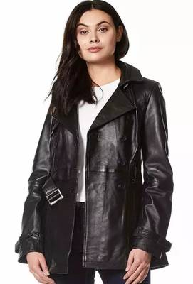 Women’s black full-length tailored trench style belted leather coat 2