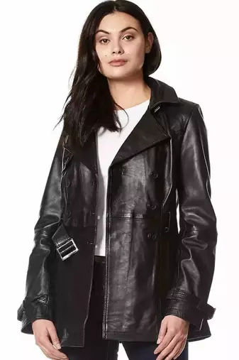 Women’s black full-length tailored trench style belted leather coat