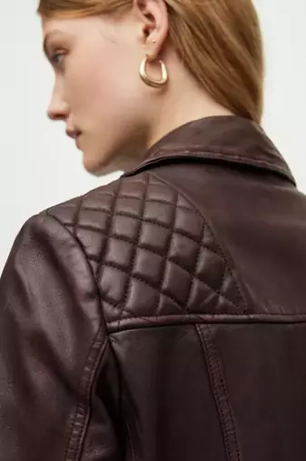 Women’s brown quilted lambskin leather jacket- multiple zipper & stylish look