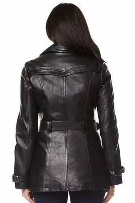 Women’s black full-length tailored trench style belted leather coat 3
