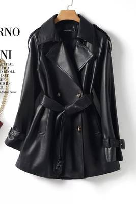 Women’s black mid-length tailored trench style belted leather coat 1