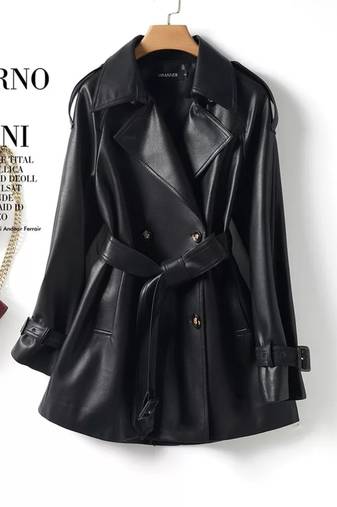 Women’s black mid-length tailored trench style belted leather coat