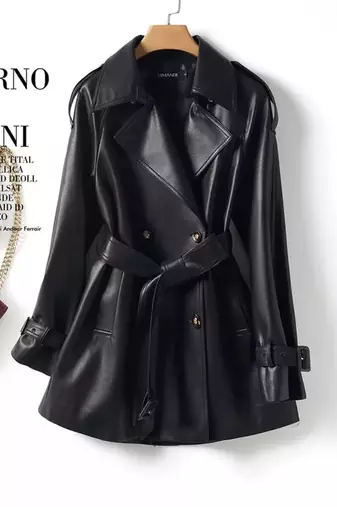 Women’s black mid-length tailored trench style belted leather coat