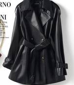 Women’s black mid-length tailored trench style belted leather coat