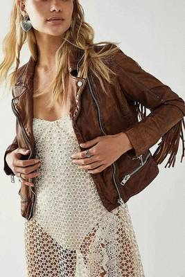 Women’s brown fringe lambskin leather studded jacket 1