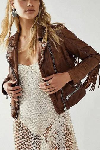 Women’s brown fringe lambskin leather studded jacket