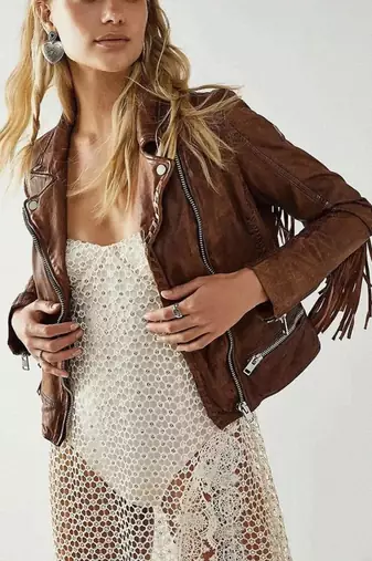 Women’s brown fringe lambskin leather studded jacket