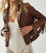 Women’s brown fringe lambskin leather studded jacket