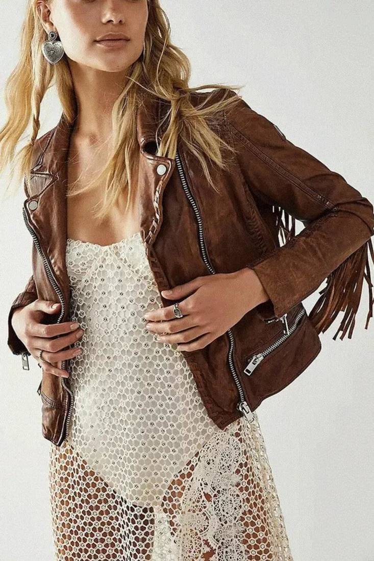 Women’s brown fringe lambskin leather studded jacket