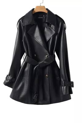 Women’s black mid-length tailored trench style belted leather coat 2