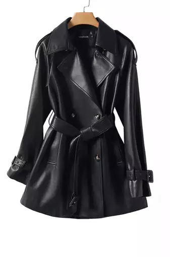 Women’s black mid-length tailored trench style belted leather coat