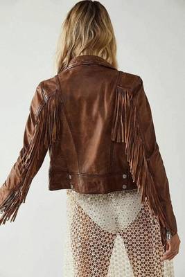 Women’s brown fringe lambskin leather studded jacket 2