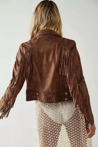 Women’s brown fringe lambskin leather studded jacket