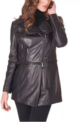 Women’s black zip tailored trench style belted leather coat 1