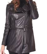 Women’s black zip tailored trench style belted leather coat