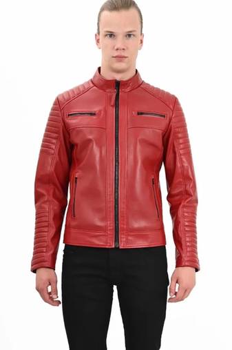 Women’s red lambskin leather jacket -asymmetrical zipper quilted design