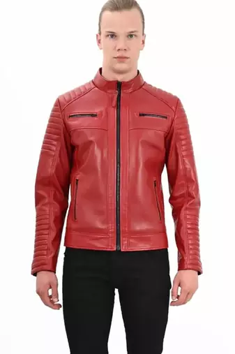 Women’s red lambskin leather jacket -asymmetrical zipper quilted design