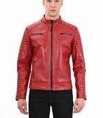 Women’s red lambskin leather jacket -asymmetrical zipper quilted design