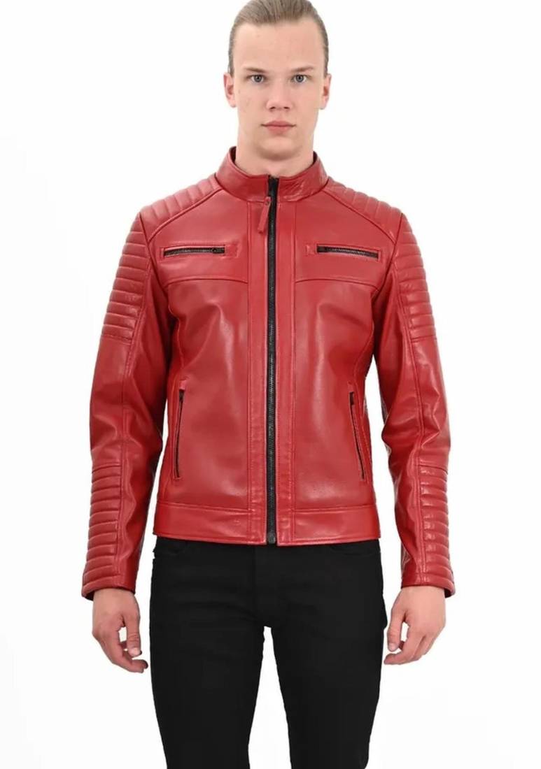 Women’s red lambskin leather jacket -asymmetrical zipper quilted design