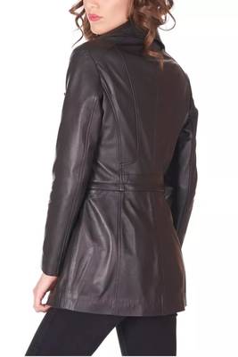 Women’s black zip tailored trench style belted leather coat 2