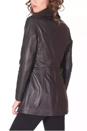 Women’s black zip tailored trench style belted leather coat