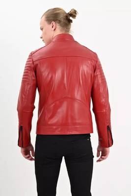 Women’s red lambskin leather jacket -asymmetrical zipper quilted design 2