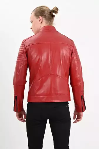Women’s red lambskin leather jacket -asymmetrical zipper quilted design