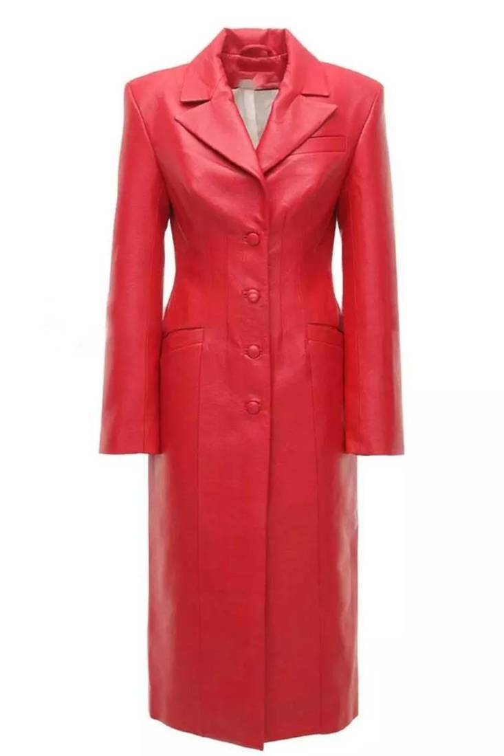 Women’s red tailored trench style leather coat  full sleeve