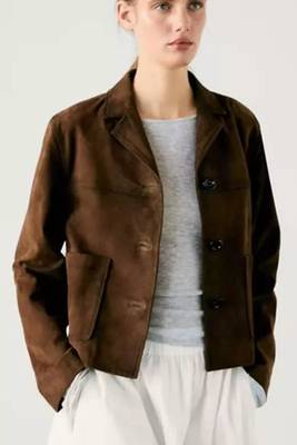 Women’s coffee brown lambskin leather jacket -button finish 1