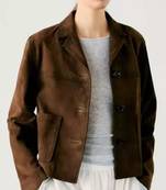 Women’s coffee brown lambskin leather jacket -button finish