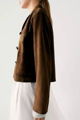 Women’s coffee brown lambskin leather jacket -button finish 2