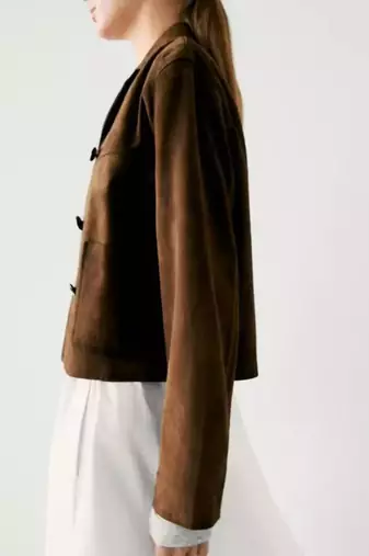 Women’s coffee brown lambskin leather jacket -button finish
