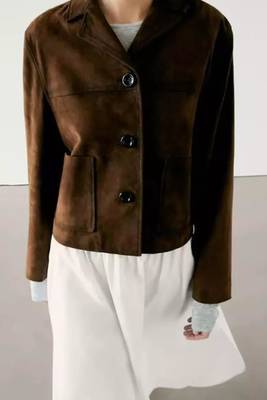 Women’s coffee brown lambskin leather jacket -button finish 3
