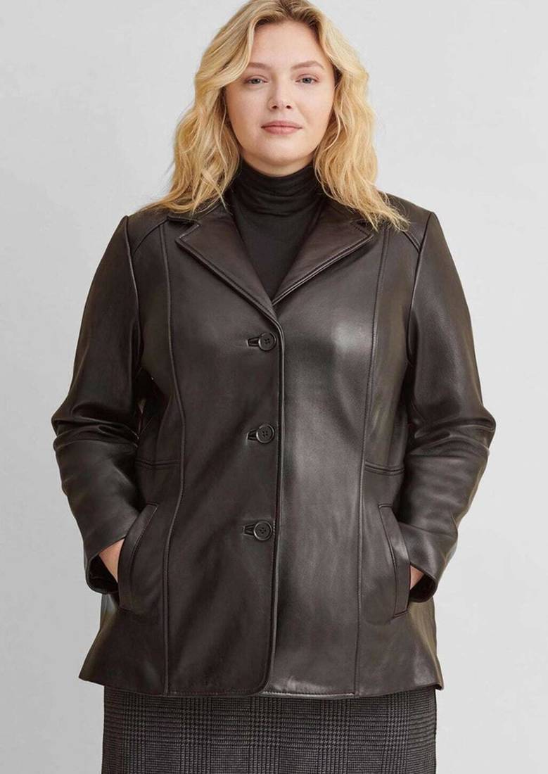 Women’s black tailored trench style leather coat  full sleeve