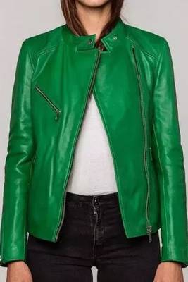 Women’s green lambskin leather jacket -asymmetrical zipper biker jacket 1