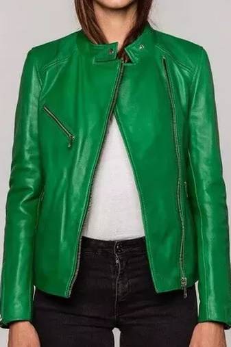 Women’s green lambskin leather jacket -asymmetrical zipper biker jacket