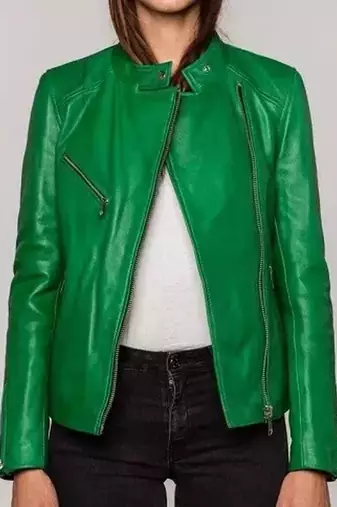 Women’s green lambskin leather jacket -asymmetrical zipper biker jacket